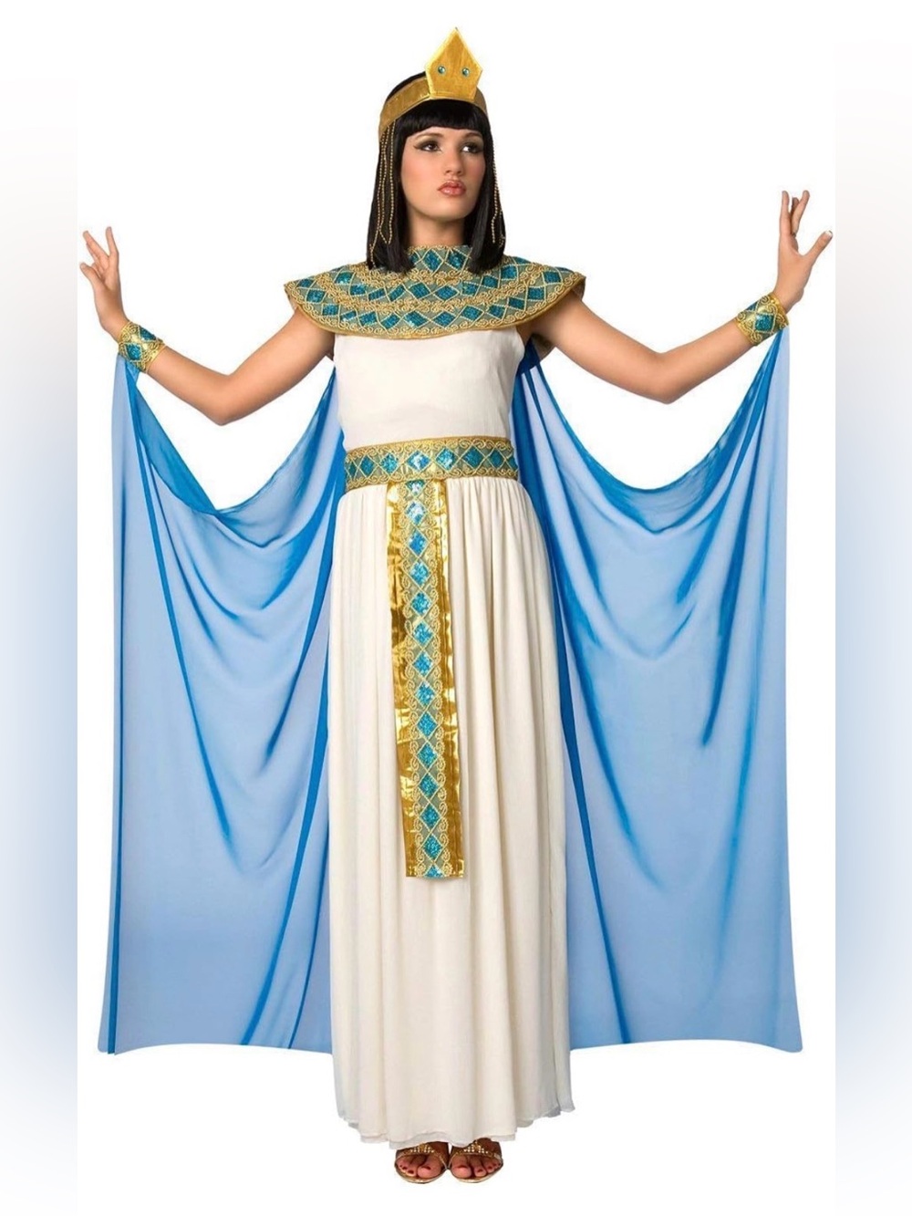 NWT White and Light Blue Egyptian Cleopatra Costume Gold Sequins Sz S